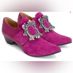JOHN FLUEVOG Sz 8.5 TRUTH LUIZA LOAFERS WITH ANGEL BUCKLE Pink Suede Shoes